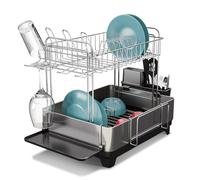 Home Zone Living Grand égouttoir à Vaisselle en Acier Inoxydable pour comptoir de Cuisine avec 2 Niveaux de Rangement, Tuyau de vidange réglable, Panier à ustensiles Amovible et Plateau d'égouttement