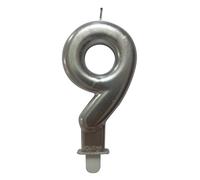 Homéa, Bougie Anniversaire Chiffre 9 avec Support Plastique H7,5 cm Argent