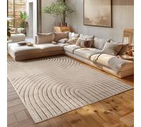 HomebyHome Tapis de Salon 140x200 cm Beige à Poils Longs Design Scandi Boho Effet Relief Shaggy Doux Moelleux Robuste à Nettoyer Moderne pour Chambre à Coucher