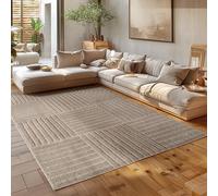HomebyHome Tapis de Salon 160x230 cm Beige à Poils Longs Design Scandi Boho à Carreaux Effet Relief Shaggy Doux Moelleux Robuste à Nettoyer Moderne pour Table Basse