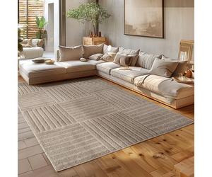 HomebyHome Tapis de Salon 160x230 cm Beige à Poils Longs Design Scandi Boho à Carreaux Effet Relief Shaggy Doux Moelleux Robuste à Nettoyer Moderne pour Table Basse