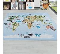 HomebyHome Tapis Enfant Bleu 120x170 cm Carte du Monde avec Animaux Design Moderne Antidérapant Lavable Doux Antiallergique Chambre