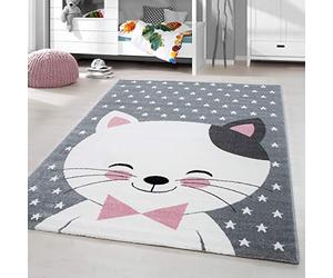 HomebyHome Tapis Enfant Motif Chat Rose 120x170 cm Tapis rectangulaire de Jeu pour Filles Doux pour la Peau au Design ludique