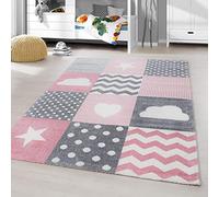 HomebyHome Tapis Enfant Patchwork Rose 80x150 cm Tapis Couloir avec cÅ'urs et étoiles Surface Douce hypoallergénique pour Chambre de Fille