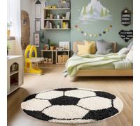 HomebyHome Tapis Enfant Rond 100 cm Noir Blanc Motif Football, Poil Long Doux, Base antidérapante, Entretien Facile, idéal pour Chambre d'enfant, Espace de Jeu Confortable et décoration Moderne