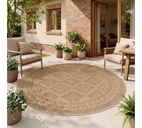 HomebyHome Tapis Extérieur Beige Effet Jute Rond 160 cm Balcon Terrasse Jardin Résistant UV Grand Motif Losanges Tissage Plat