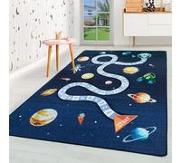 HomebyHome Tapis pour Enfants Poils Courts Conception de fusée planète Univers Chambre d'enfant de bébé Salle de Jeux Doux Lavable Rectangulaire Garçons Filles, Couleur :Marine, Taille:80x120 cm