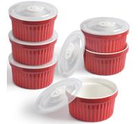 homEdge Lot de 6 ramequins en porcelaine avec couvercle, 240 ml, bol à crème glacée, pour crème brûlée, soufflé, rouge