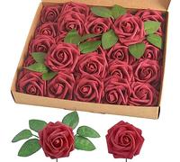 homEdge Roses artificielles, lot de 25, fleurs artificielles en mousse avec tige pour décorations de maison, bouquet de mariage, fêtes, centre de table, anniversaires, bordeaux