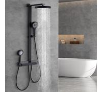 HOMELODY Ensemble de douche avec thermostat et étagère en verre, kit complet de robinetterie de douche avec sortie en cascade, douchette à main 4 types de jets - Douche à effet pluie avec robinet