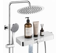 HOMELODY Système de douche avec thermostat et étagère en verre chromé | Douche à effet pluie avec robinet, 3 types de jets, douchette à main et bec inférieur - Kit complet de douche pour salle de
