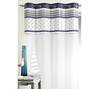 Homemaison - Voilage en Voile avec Parement à Rayures Horizontales - Jacquard - Transparent et Tamisant pour Fenêtre - Prêt à Poser avec Œillets - 140 x 240 cm - Bleu Marine
