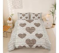 Homemissing Amant Housse de Couette Beige Marron Femmes Filles Grain de Bois Ensemble de Literie Mot Imprimer Couples Coeur Motif Housse de Couette Ensemble Rétro Romance 3 pièces Décor, 240x260cm