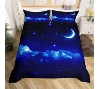 Homemissing Blue Galaxy Sets de Housse de Couette Parure de Lit sur Le Thème de l'espace 140x200cm Ciel Étoilé Lune Housse de Couette pour Enfants Univers Microfibre Décor de Chambre Imprimé