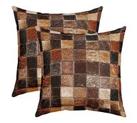 Homemissing Cuir Vache Taie Oreiller Décor Taie d'oreiller 45x45cm Soft Cuir Vache Village Western Wild Animaux Place Housse Coussin pour Canapé Le Salon Dark Brun Lot De 2 Housses De Coussin