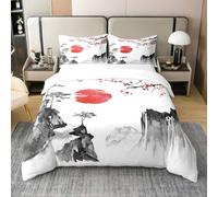 Homemissing Ensemble de literie Ukiyo - e Japonais Sakura Rouge Soleil Housse de Couette 240x260cm 100% Coton Enfants Garçons Filles Encre Style Japonais Parure de Lit Style Exotique Literie Set