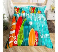 Homemissing Été Surf Housse de Couette Planche de Surf Ensemble de Literie Garçon Fille Plage Vague décoration Enfants Parure de Lit Adolescent Housse de Couette 240x260cm Vert Bleu Orange
