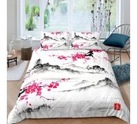 Homemissing Fleur de Cerisier de Style Japonais Housse de Couette 240x260cm Aquarelle Peinture à l'encre Parure de Lit Fille Femme Adolescent Adulte décoration Rose Fleur Paysage Literie Set