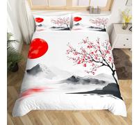 Homemissing Fleurs de Cerisier Japonais Parure de Lit Mountain Imprimer Housse de Couette 220x240cm Aquarelle Aquarelle Peinture à l'encre Couvre - lit Impression de pruneaux de Soleil Rouge Literie
