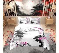 Homemissing Japon Fuji Mountain Housse de Couette 200x200cm Rose Sakura Parure de Lit Style Japonais Ensemble de Literie Peinture de Montagne à l'encre Décor Literie Exotique Sakura Aquarelle