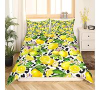 Homemissing Jaune Citron Housse de Couette Fruits Frais Imprimé Parure de Lit 200x200cm Noir Blanc Vache Motif Ensembles de Housse de Couette Feuilles Vertes Fleurs Violettes Décor de Chambre