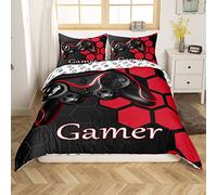 Homemissing Jeux vidéo pour Enfants Gamer Housse de Couette Rouge et Noir Gaming Parure de Lit 140x200cm Jeu Parure Housse de Couette Élégant Nid d'abeille Design Géométrique Collection Chambre 2Pcs