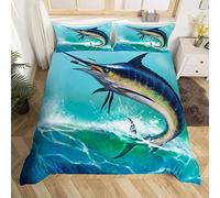 Homemissing Marlin Espadon Housse de Couette Ocean Fish Parure de Lit 140x200cm Nautical Pêche et Chasse Parure Housse de Couette BedDécor de Chambre Vert Wave avec 1 taie d'oreiller