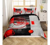 Homemissing Moderne Parure de Lit Rouge Noir Gris Ligne géométrique imprimé Housse de Couette 200x200cm Art Abstrait Ensemble de literie Adolescent Rond et Bloc Motif décoration 3 Pièces