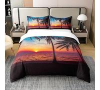 Homemissing Océan Plage 100% Coton Housse de Couette 240x260cm Palmiers tropicaux Coucher de Soleil Parure de Lit Enfants Filles Vacances d'été Literie Set Hawaii Ensemble de lit Décoration