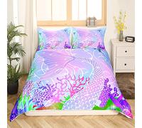 Homemissing Sirène Housse de Couette Océan Mer Marine Parure de Lit sous-Marine 200x200cm Violet Écailles de Sirène Parure Housse de Couette Chambre Décor Mousse avec 2 Taie d'oreiller