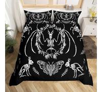 Homemissing Squelette Housse de Couette Chauve Souris Skull Ensemble de Literie bohème Moth Squelette Gothique Parure de Lit 200x200cm Enfants Garçons Filles Halloween thème Literie Horreur