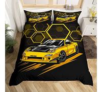 Homemissing Voiture de Course Parure de Lit 220x240cm Jaune Rayon de Miel Auto Housse de Couette Speed Extreme Sport Sets de Housse de Couette Vintage Automobile Style Decor avec 2 taies d'oreiller