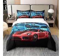 Homemissing Voiture Parure de lit 100% Enfants Coton Arrow Garçon Fille Teen Roadster 100% Coton Housse de Couette 220x240cm Racing Rouge Bleu Noir Brillant Respirant Literie