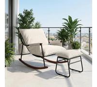 HomeMiYN Fauteuil à Bascule Allaitement avec Repose Pieds, Poche latérale, Accoudoirs et Bases en Bois, Rocking Chair pour Salon, Chambre, Balcon, Chambre Bebe,Nursery, Tissu rayé, Beige