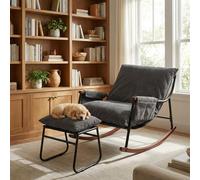 HomeMiYN Fauteuil à Bascule Allaitement avec Repose Pieds, Poche latérale, Accoudoirs et Bases en Bois, Rocking Chair pour Salon, Chambre, Balcon, Chambre Bebe,Nursery, Tissu rayé, Marron