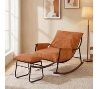 HomeMiYN Fauteuil à Bascule Allaitement avec Repose Pieds, Poche latérale, Accoudoirs et Bases en Bois, Rocking Chair pour Salon, Chambre, Balcon, Chambre Bebe,Nursery, Tissu rayé, Caramel