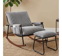 HomeMiYN Fauteuil à Bascule Allaitement avec Repose Pieds, Poche latérale, Accoudoirs et Bases en Bois, Rocking Chair pour Salon, Chambre, Balcon, Chambre Bebe,Nursery, Tissu rayé, Gris Clair