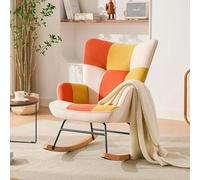 HomeMiYN Fauteuil à Bascule Floral avec Cadre métallique et Base en Bois Fauteuil oscillant Relaxchair Fauteuil rétro Salon Fauteuil à Bascule rembourré Scandinave (Patchwork Orange + Jaune)