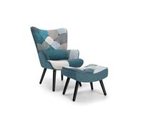 HOMEMIYN Fauteuil à oreilles, aspect lin, bleu, avec coussin et repose-pieds