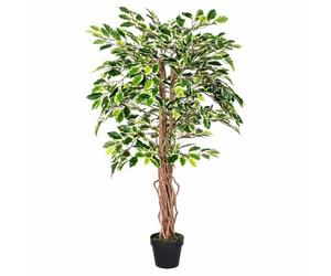 HOMESCAPES Arbre Artificiel Ficus Benjamina, Plante d’intérieur Figuier pleureur en Pot, avec Tronc en Bois véritable, Feuilles panachées 120 cm, Décoration de la Maison et du Bureau