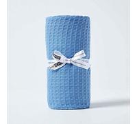 HOMESCAPES Couverture en Coton Bio - Bleu, Plaid nid d’Abeille 125 x 150 cm
