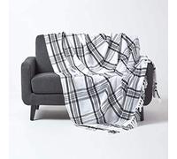 HOMESCAPES Jeté de canapé Blanc avec Un Motif à Carreaux et Rayures Noires de 255 x 360 cm en 100% Coton