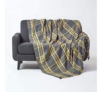 HOMESCAPES Jeté de canapé Gris avec Un Motif à Carreaux et Rayures Jaunes de 225 x 255 cm en 100% Coton