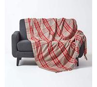 HOMESCAPES Jeté de canapé Gris avec Un Motif à Carreaux et Rayures Rouges de 230 x 250 cm en 100% Coton
