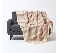 HOMESCAPES Jeté de lit/Jeté de canapé Beige à Rayures de 230 x 255 cm en Pur Coton appartenant à la Collection Stripes