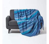 HOMESCAPES Jeté de lit/Jeté de canapé Bleu à Rayures de 255 x 360 cm en Pur Coton appartenant à la Collection Stripes