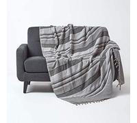 HOMESCAPES Jeté de lit/Jeté de canapé Gris à Rayures de 225 x 255 cm en Pur Coton appartenant à la Collection Stripes