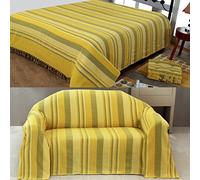HOMESCAPES Jeté de lit/Jeté de canapé Jaune à Rayures de 150 x 200 cm en Pur Coton appartenant à la Collection Stripes