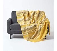 HOMESCAPES Jeté de lit/Jeté de canapé Jaune à Rayures de 255 x 360 cm en Pur Coton appartenant à la Collection Stripes