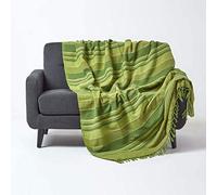 HOMESCAPES Jeté de lit/Jeté de canapé Vert à Rayures de 150 x 200 cm en Pur Coton appartenant à la Collection Stripes